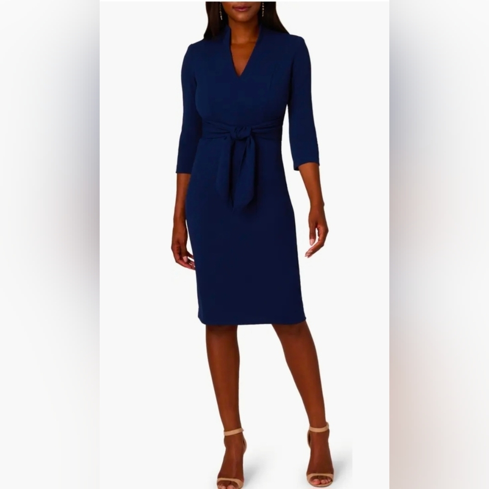 Adrianna Papell Navy, Tie-Waist 3/4 Sleeve, Midi, Sheath Dress Size 14 - Picture 2 of 15